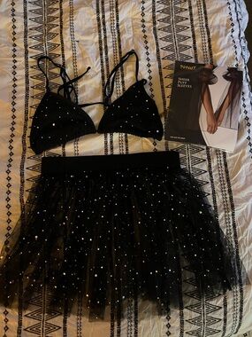 Black Sequin Tulle Bralette & Mini Skirt Set